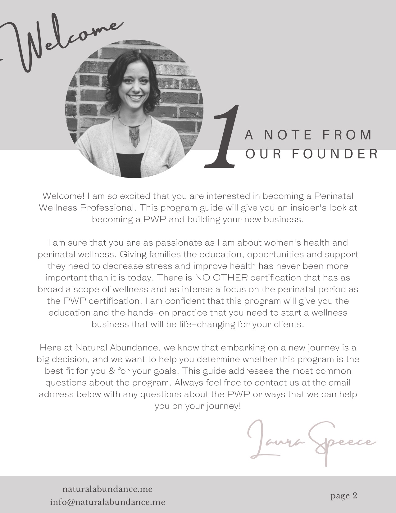 PWP guide, welcome letter from founder